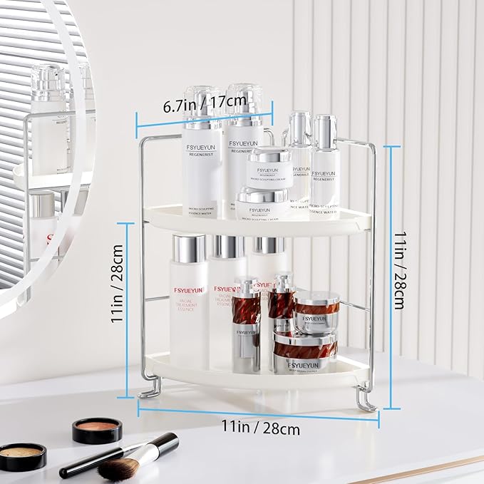 FSyueyun 2-Tier Corner Bathroom Counter Organizer, Tool-Less Installation Vanity Shelf Small Plastics Countertop Makeup Tray Skincare Perfume Organizers (Silver)