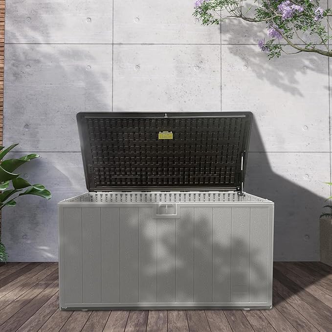 PATIOEASY 110GAL Deck Box - Grey，Wheeled Footlocker，Waterproof Resin Storage Bin for Patio Cushions