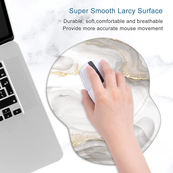 ITNRSIIET Ergonomic Mouse Pad with Gel Wrist Support Small Wrist Rest Smooth Surface Non-Slip PU Base Comfortable Office Supplies Pain Relief, 8.7 x 7.2 inches, White marbling
