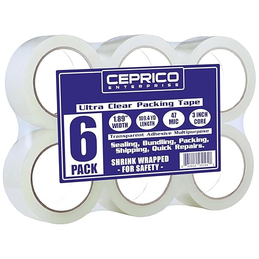CEPRICO ENTERPRISE Premium Transparent Packing Clear Strong Adhesive Multi-Purpose Tape for Moving, Shipping, and Industrial Use - 6 Rolls of Invisible Tape Fits 2” Dispenser - 1.89 Inch X 109.4 Yard