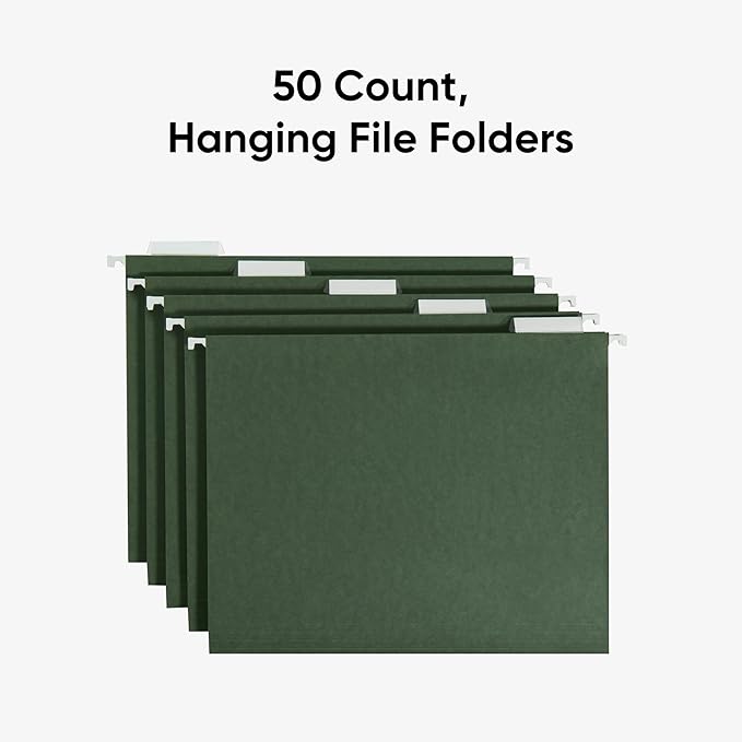 Smead Hanging File Folder, 1/5-Cut Adjustable Tab, Letter Size, Standard Green, Hanging Folders for Filing Cabinets, File Organizer Folder, 50 Count