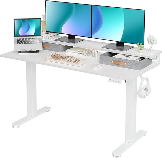 Claiks Electric Standing Desk with 2 Drawers, Adjustable Standing Desks with Storage, Height Adjustable Stand up Desk for Home Office with 2 Hooks,55 Inch White