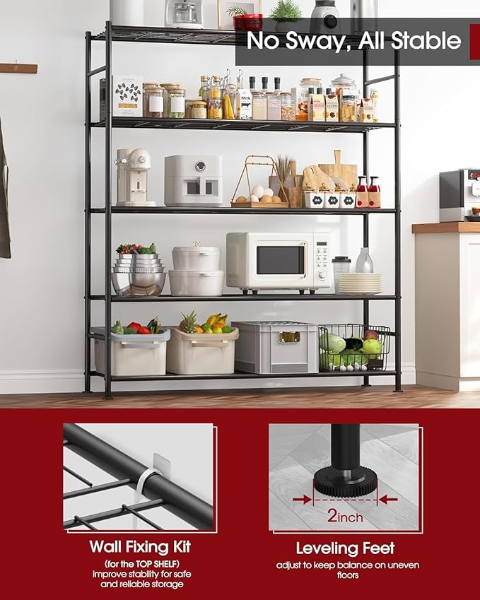 Sakugi Storage Shelves - 5 Tier Shelf Organizer, Heavy Duty Garage Shelving Unit with Leveling Feet, Stable Metal Shelves Organizer for Pantry, Kitchen and Closet, 47.3" W x 12.6" D x 60.8" H, Black