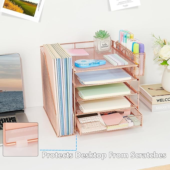 Gugsey Desk Organizer, 5-Tier Paper Letter Tray Organizer with File Holder, Drawer and Pen Holder, Desktop Organizer for Office Supplies, Rose Gold