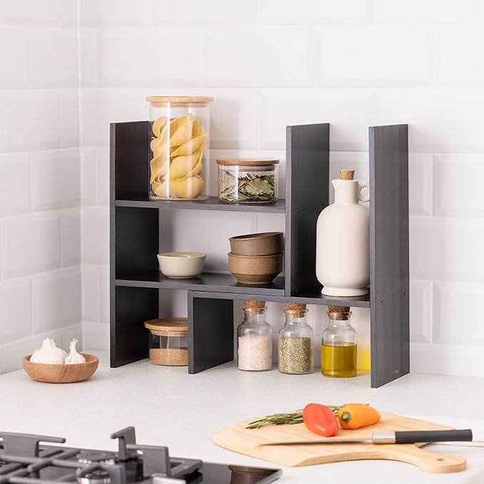 Navaris Desk Organizer Shelf Unit - Desktop Shelves for Table or Countertop - Free-Standing Adjustable Bamboo Shelving for Kitchen or Office - Black