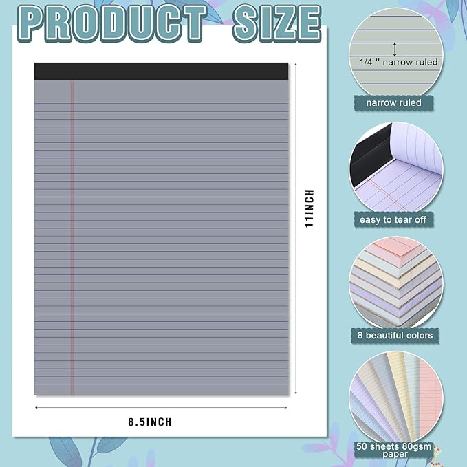 Fuutreo 8 Pcs 8.5'' x 11'' Colored Legal Pad Writing Pads Narrow Ruled 50 Sheets Per Notepad Perforated Writing Notepad Office Supplies for College Office Business (Aesthetic Color)