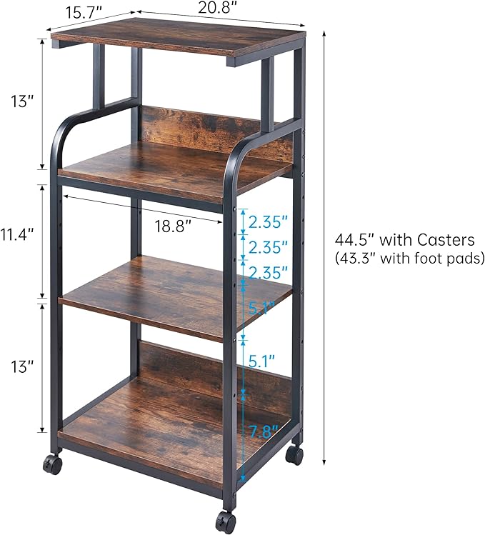 Fannova 4-Tier Printer Stand with Adjustable Storage Shelf, Large Tall Printer Table with Wheels for Home Office Small Spaces Organization, Rustic Brown