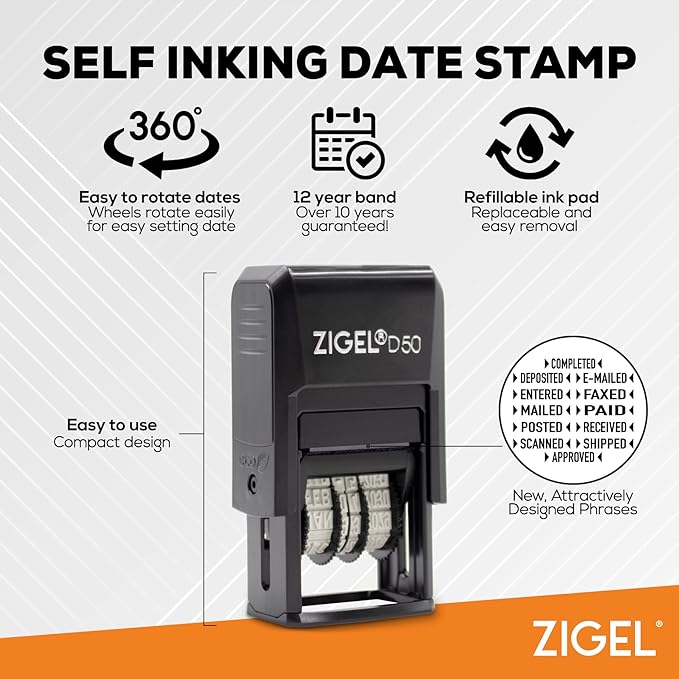 ZIGEL D50 Date Stamp with Received - Self Inking Date Stamp - Blue/Red