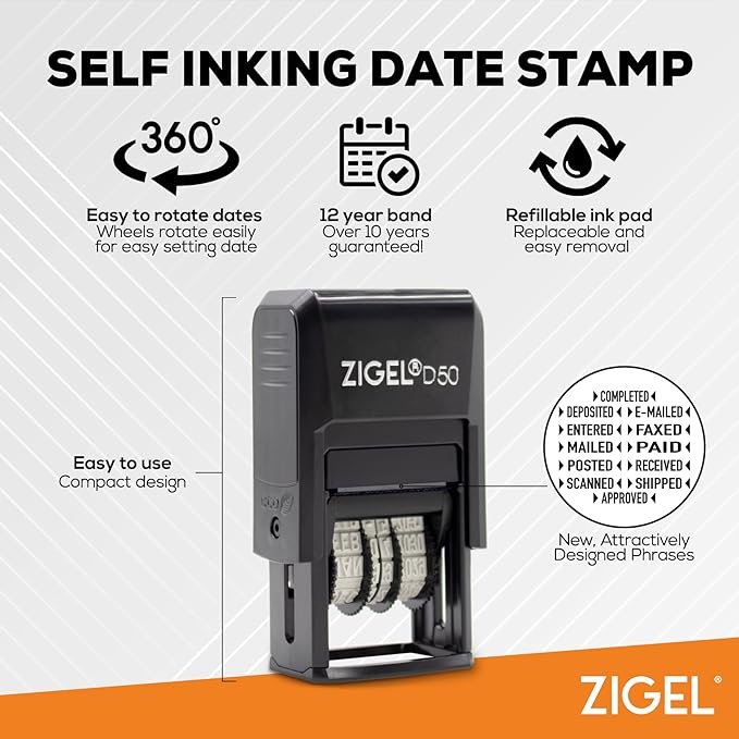 ZIGEL D50 Date Stamp with DEPOSITED - Self Inking Date Stamp - Red