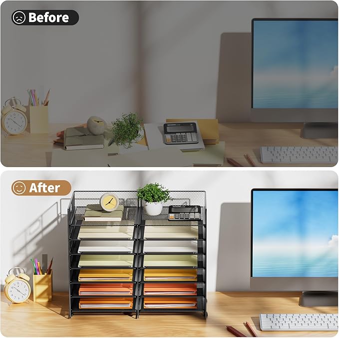Marbrasse Desktop Literature Organizer, 12 Compartments Mesh Paper Organizer Desk Organizers, Adjustable File Sorter Mail Center Paper Storage Cabinet Classroom Mailbox for Office Home School, Black