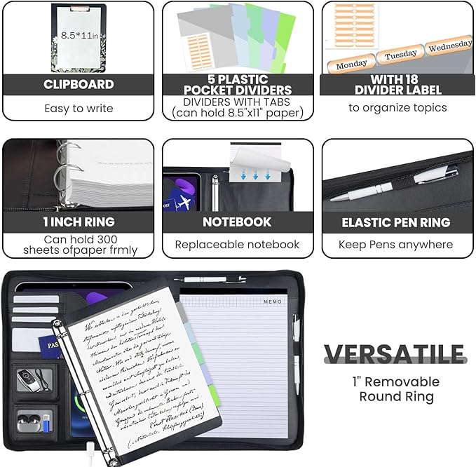 KLLVE Clipboard with Storage for Men Women, Leather Padfolio Portfolio with Zipper, 1 Inch 3 Ring Binder 5 Dividers, Notepad for Letter Size, Elastic Closure and Pen Loop, Card Slot Black