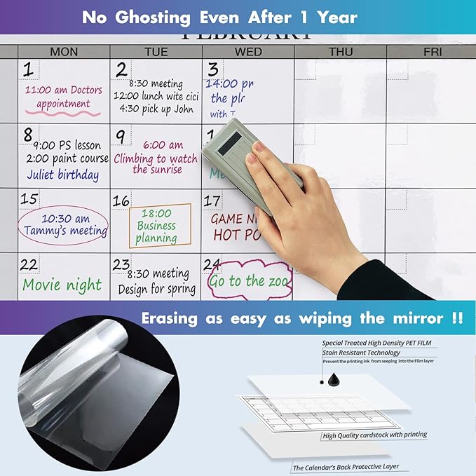 Jumbo Dry Erase Yearly Whiteboard Wall Calendar, 46" x 63", Huge 12 Month Laminated Erasable White Board, Giant Annual Family Schedule Planner, Large Undated Reusable Year Poster