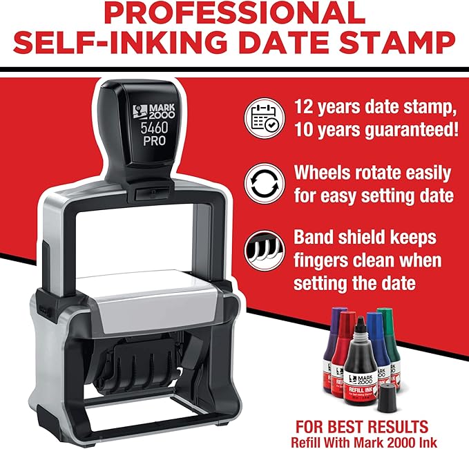 Mark 2000 5460 Professional Self Inking Date Stamp with Custom Text - Up to 6 Lines of Text