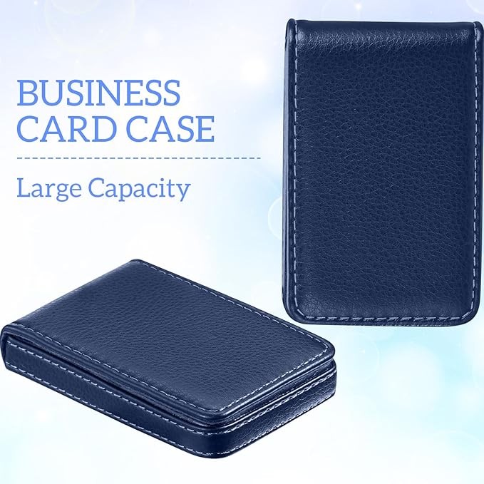 Outus 2 Pieces Business Card Holder, PU Leather Business Card Case Pocket Wallet with Magnetic Shut for Valentines Gift Men Women(Blue,Classic)