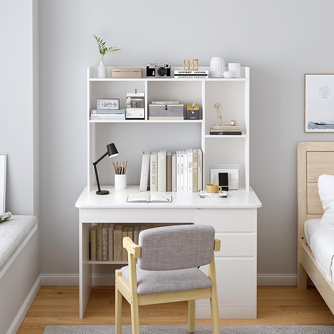 OSCHF Wooden Desktop Hutch Bookshelf - Free Standing Desk Storage Shelf with Top Edge for Computer Desk, Desktop Bookcase for Dorm, Home or Office, Countertop Organizer, White, 45.3"