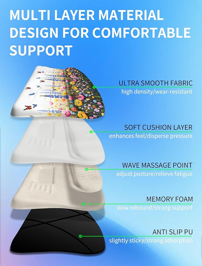 KUOSGM Ergonomic Wave Wrist Rest with Keyboard Stand, Cushioned Palm Rest, Comfortable Integrated Memory Foam for Natural Typing and Relieve Wrist Pain, Flowers and Butterflies