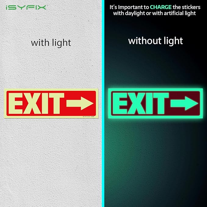 iSYFIX Exit Stickers Signs with Directional Right Arrow 2 Pack 12x4 Inch - Glow in the Dark Photoluminescent Vinyl for Office, School, Business, Warehouse - UV & Weather Resistant for Indoor/Outdoor Use