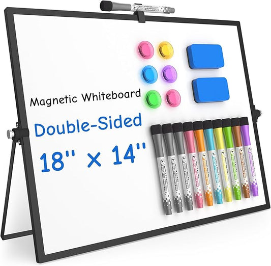 Grtard Magnetic Dry Erase Board with Stand, 18''x14'' Double-Sided White Board, Desktop Whiteboard with Stand, Large White Board, Desk Whiteboard Portable, Dry Erase Board for Kids, Memo(Black)