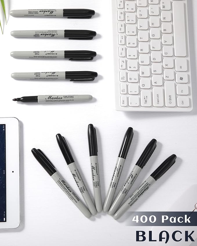 Thenshop 400 Pack Black Permanent Markers Bulk - Fine Point Permanent Marker Quick Drying Waterproof Pens for Doodling Writing Marking Classroom Work on Wood Metal Stone Glass, Office School Supplies