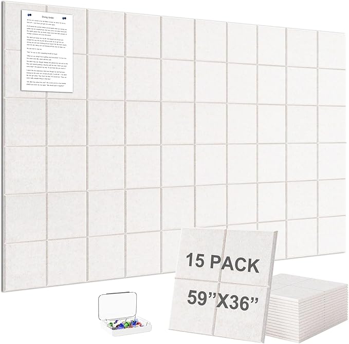 G Gamit Large Felt Wall Tiles Bulletin Board 59”x36”,Large Cork Board Alternative with 60 Pushpins, 15-Pack Felt Pin Board with 112 Safe Removable Adhesive Tabs for Home Office School (Oatmeal)