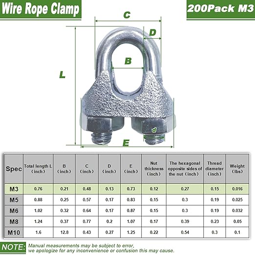 200 PCS 1/8 Inch Wire Rope Clamps, M3 Heavy Duty Galvanized Wire Cable Clamps for Tent Ropes, Boat, Clotheslines, U-Bolt Saddle Fasteners for Secure Connections