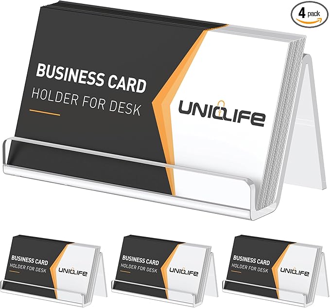 Uniclife 4 Pack Acrylic Business Card Holder for Desk, 3.5" x 1.9" x 2", Clear Horizontal Business Card Display Stand, Desktop Business Card Organizer for Office, Index Card Holder, 50 Card Capacity