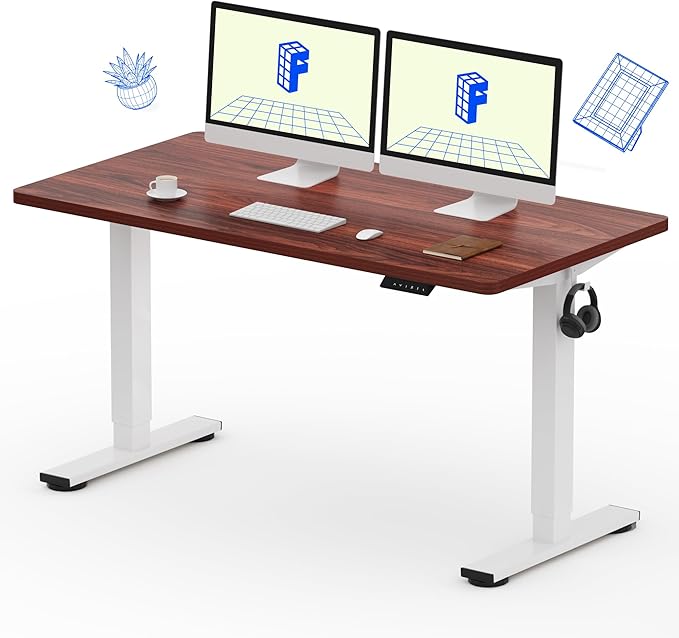 FLEXISPOT EN1 One-Piece Standing Desk with 1-Inch Thick Seamless Desktop, 55"x28" Electric Height Adjustable Desk for Home Office, Multi-Monitor Setups & Easy Assembly, Mahogany