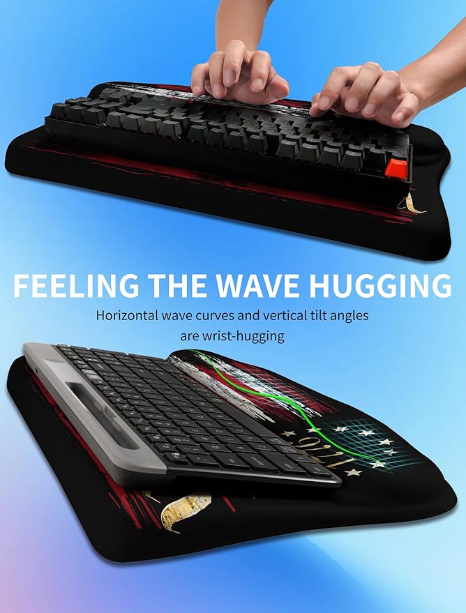 KUOSGM Ergonomic Wave Wrist Rest with Keyboard Stand, Cushioned Palm Rest, Comfortable Integrated Memory Foam for Natural Typing and Relieve Wrist Pain, US Flag