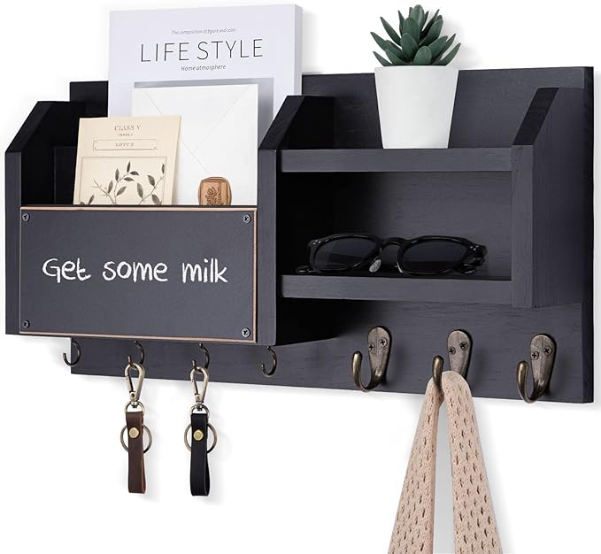 Lwenki Mail and Key Holder – Wall Mount Key Hanger with Shelf and 7 Metal Hooks – Decorative Natural Paulownia Wood Entryway Organizer with Mounting Hardware (16.5”W x 8.7”H x 3.5”D) (Black)