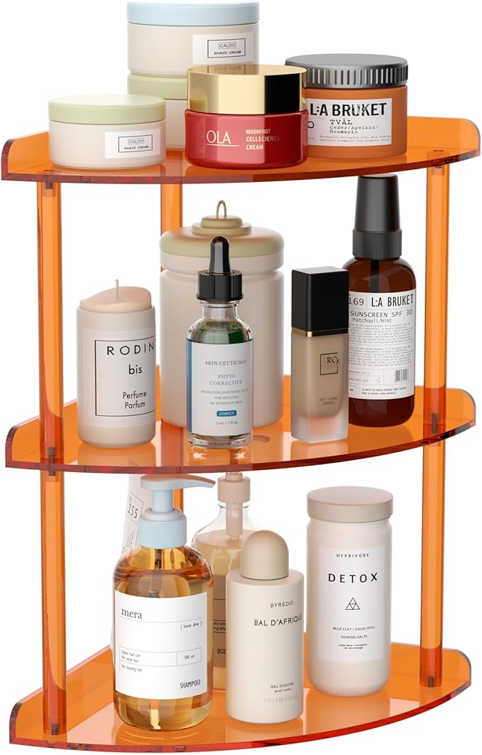 Sezanrpt 3 Tier Acrylic Corner Shelf Organizer Storage 9.5x9.5x15.7 Inch, Orange Countertop Corner Shelf for Bathroom, Kitchen, Bedroom, Office, Study Room
