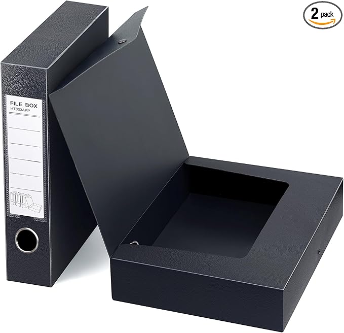 HUA JIE 2 Pack A4 Storage File Boxes Archives Case,65mm Spine,Box File Document Storage Box for Office School -Black