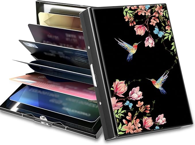 BWEGRHE Slim Credit Card Holder, Hummingbird Floral Sakura RFID Blocking Metal Wallet for Men & Women, Aluminum Minimalist Hard Case Pocket-Sized Business Cards Organizer (Fits Up to 10 Cards)