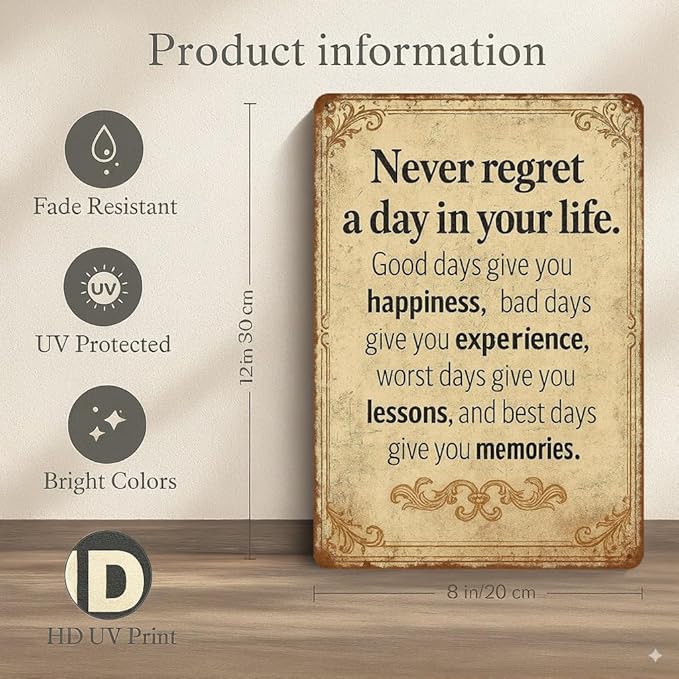 Vintage Inspirational Quote Metal Sign – Never Regret a Day in Your Life - Motivational Wall Art for Office, Home, or Classroom – Positive Gift for Friends, Coworkers, and Graduates (Never regret)