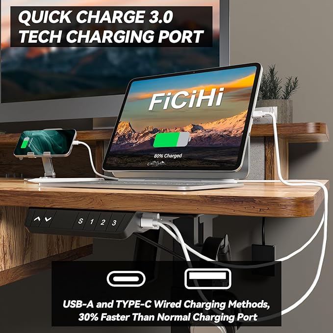 FiCiHi Adjustable Height Standing Desk with 4 Drawers,55 x 30 inches Electric Sit Stand Home Office Desk with Two Tiers, 3 Memory Presets, Monitor Stand Riser, USB A/C Charging Port