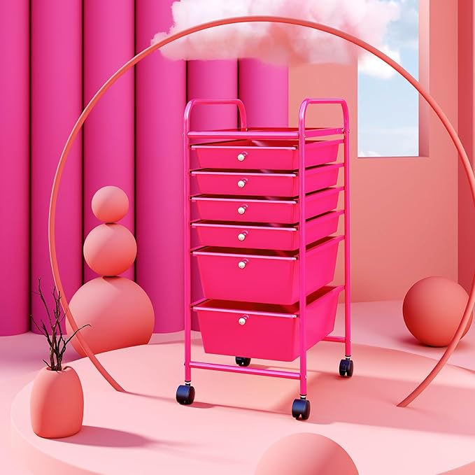 RELAX4LIFE 6-Drawer Rolling Storage Cart - Classroom Organization on Wheels w/Removable Plastic Drawers, Mobile Art Craft Cart for School Paper Home Office, Utility Cart with Drawers (Pink)