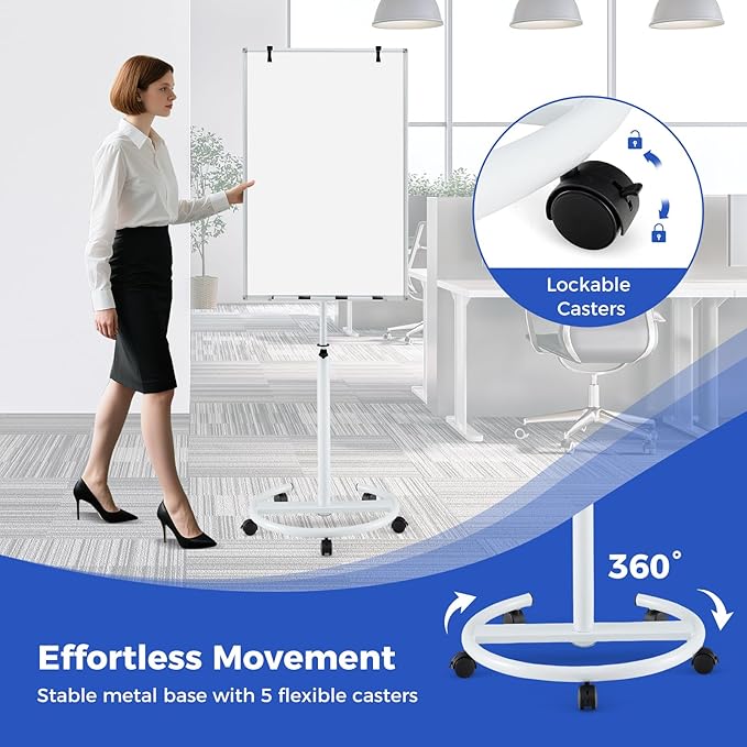 Goplus 40” x 26” Rolling Whiteboard, Height Adjustable Magnetic Dry Erase Board on Wheels with Round Stand, Paper Clips, Storage Tray, Paper Pad, Magnets, Markers, Mobile White Board for Office School
