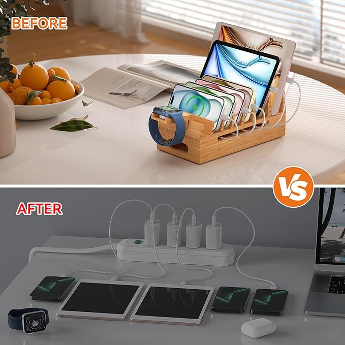 Pezin & Hulin Bamboo Charging Station with Watch Stand, Docking Holder for Multi Device with 5 Charge Cables, Desktop Dock Stations Electronic Organizer for Cellphone, Tablet, Watch-Natural Bamboo