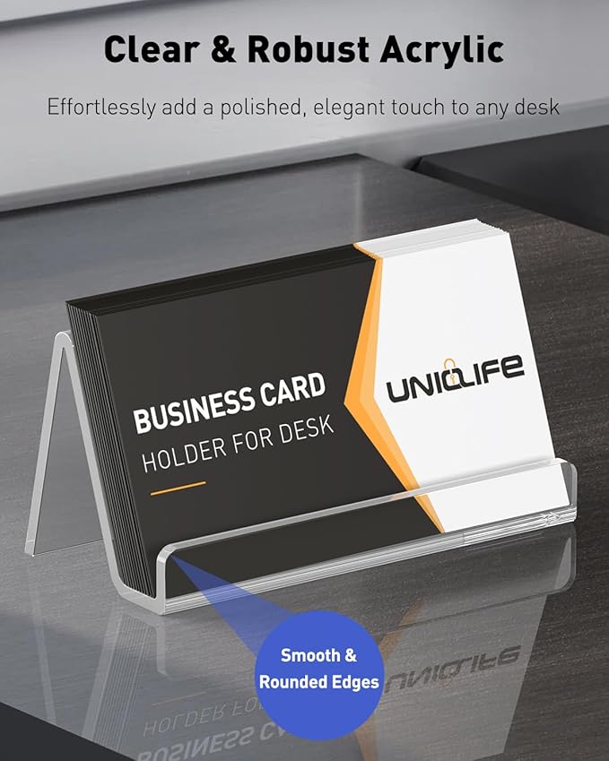 Uniclife 4 Pack Acrylic Business Card Holder for Desk, 3.5" x 1.9" x 2", Clear Horizontal Business Card Display Stand, Desktop Business Card Organizer for Office, Index Card Holder, 50 Card Capacity