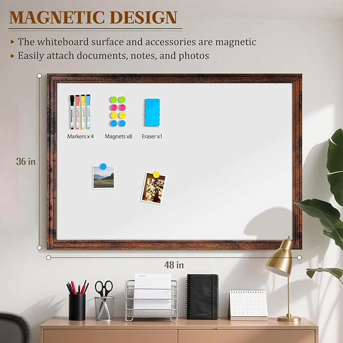 Large White Board for Wall, 48''x36'' Magnetic Dry Erase Board, 4'x3' Decorative Whiteboard with White Vintage Wooden Frame, Hanging Writing Board for Home Office School Classroom