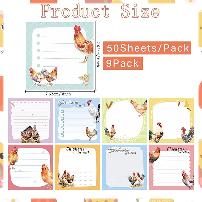 Lovarywow Chicken Sticky Notes Gifts - 9Pack Cute Sticky Notes 3x3 Roosters Chicken Gifts for Women Chicken Scratch Funny Post Notes Animals Self-Stick Notes Pads Office School Supplies 450 Sheets