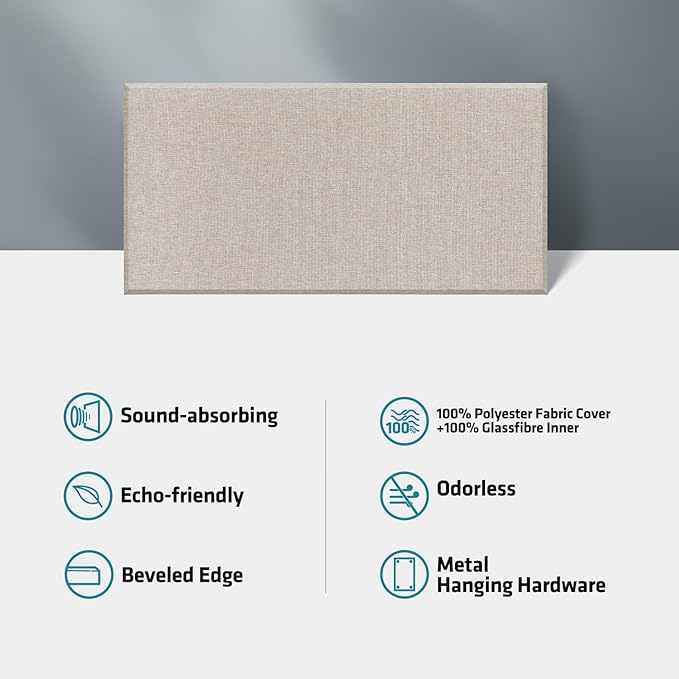 2” Thick Acoustic Panels with Hanging Hardware, 2 PCS 47.2” x 23.6” Fiberglass Sound Absorbing Panels for Home Theater Church Office Wall, Linen