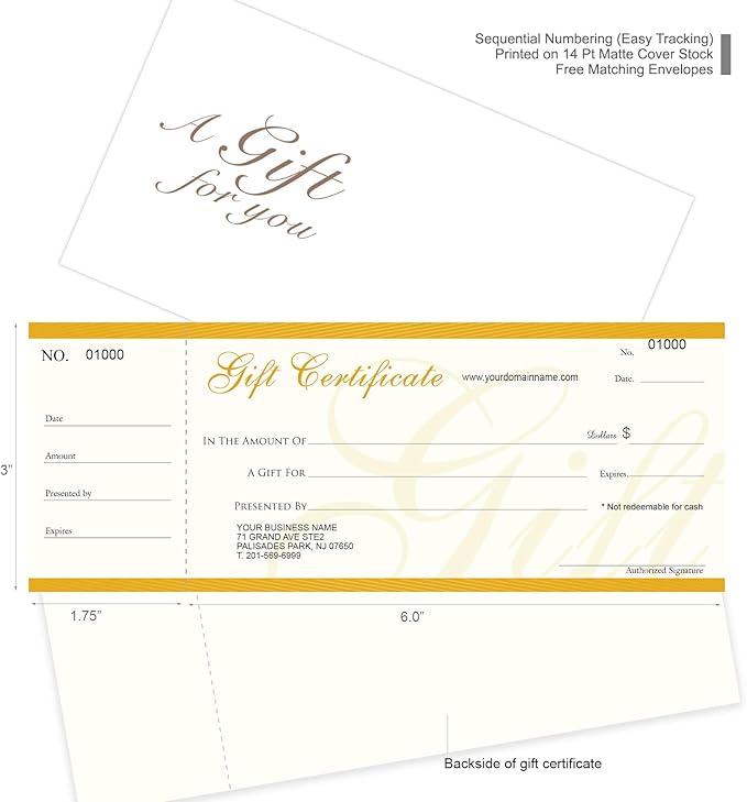Custom Gift Certificates Cards with Envelopes 50 set - NJ67SB- Gift Coupons,Vouchers for Small Business