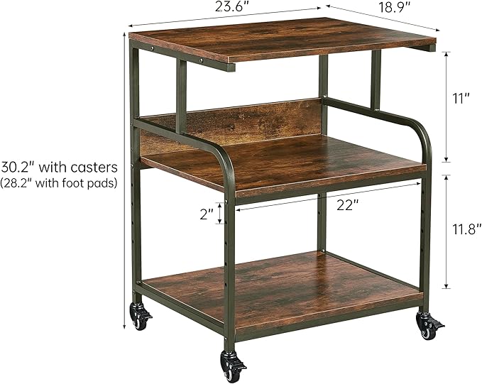 Fannova Large Printer Stand with Adjustable Storage Shelf, 3 Tier Printer Cart with Wheels for Home Office Organization, Rolling Table Stand for Heat Press Mini Fridge, Industrial Style