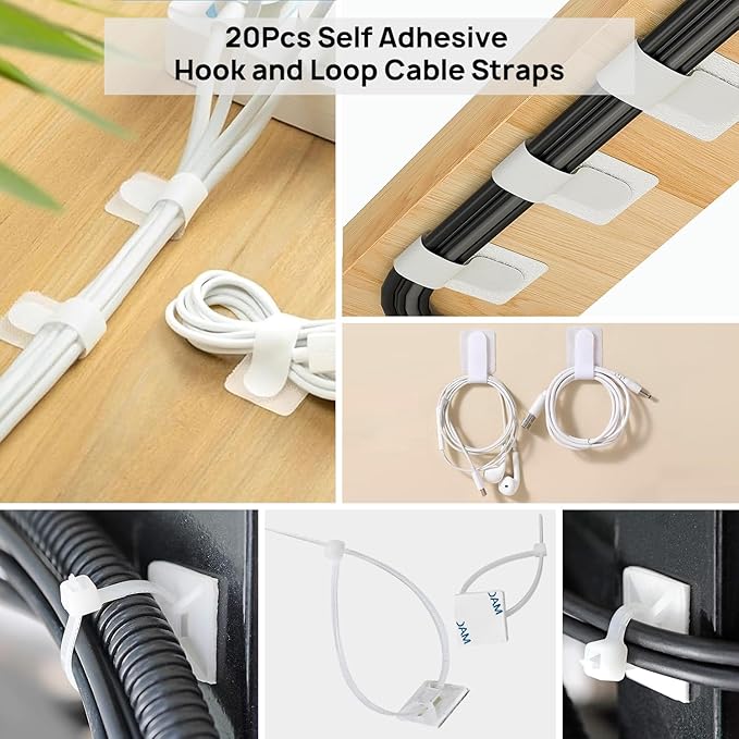 Ditar 193 PCS Cable Management Kit - 4 Cable Sleeve, 57 Self Adhesive Cable Clips, 12 Hanging Strips, 12 Cable Organizer Straps and 100 Fastening Cable Ties for TV Computer Under Desk (White)