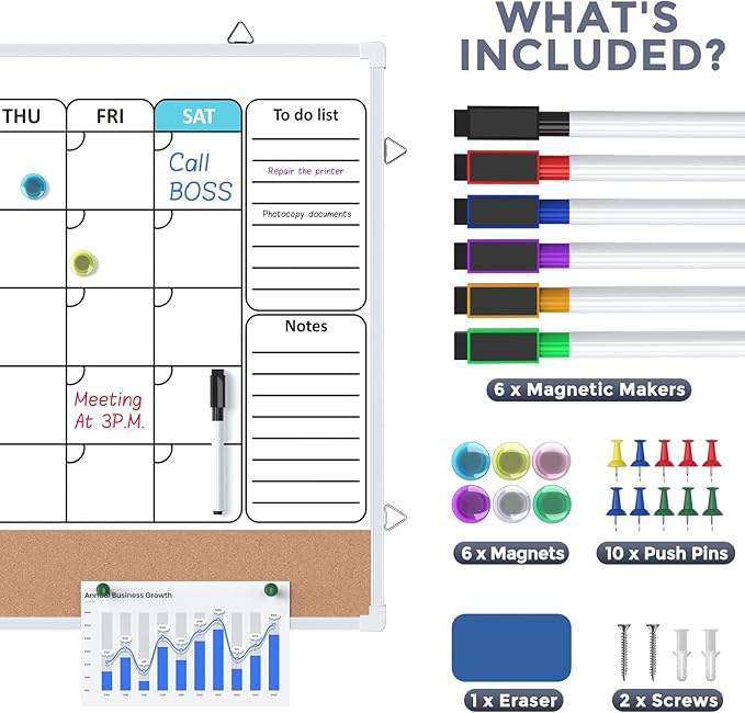 MaxGear Monthly Calendar Whiteboard Dry Erase Cork Board for Wall, 24"x18" Double-Sided Dry Erase White Board Calendar with Bulletin Board, Hanging Dry Erase Board for Office, Home, School