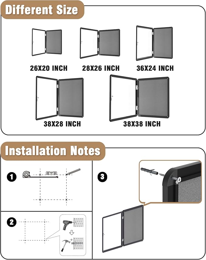 Mifuro 38"x28" Enclosed Bulletin Board, Lockable Weather-Resistant Aluminum Cork Noticeboard for Hospital School & Office, Black Frame w/Grey Flet