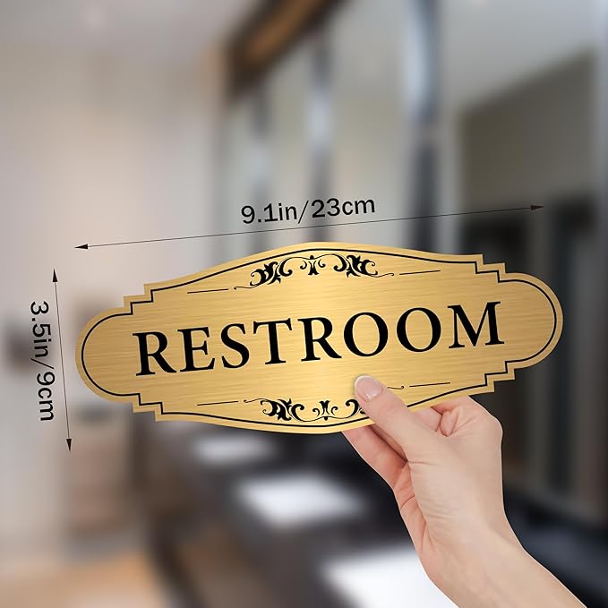 Restroom Sign Sticker for Business & Home, Self-Adhesive Brushed Gold Elegant Bathroom Signs for Door, Durable & Waterproof Unisex Restroom Signage for House toilet, Office, Store, Shop