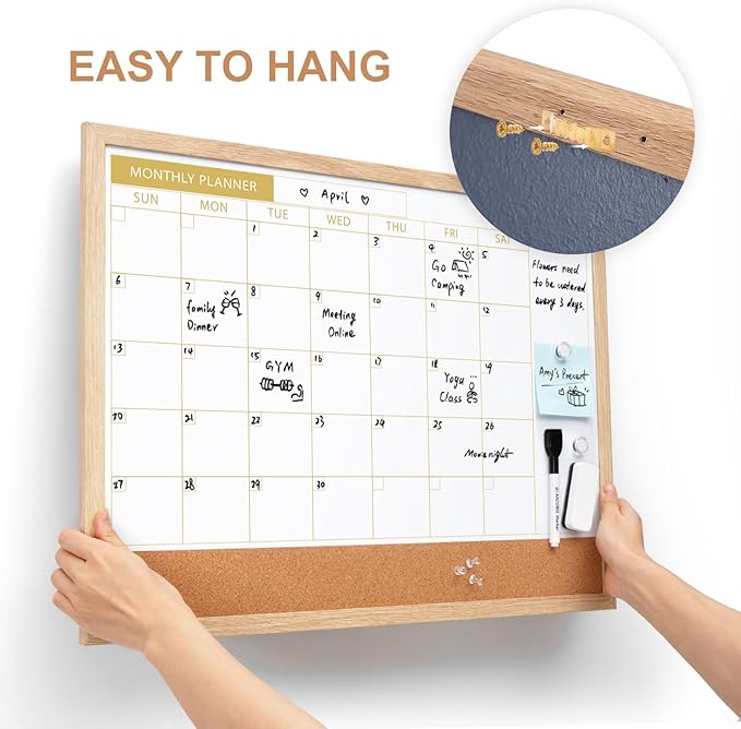 ARCOBIS Calendar Whiteboard with Cork Board, 24"x18" Wood Frame Dry Erase Calendar for Wall, Magnetic Monthly Combination Board for Home, Office, School, Kitchen, Beige