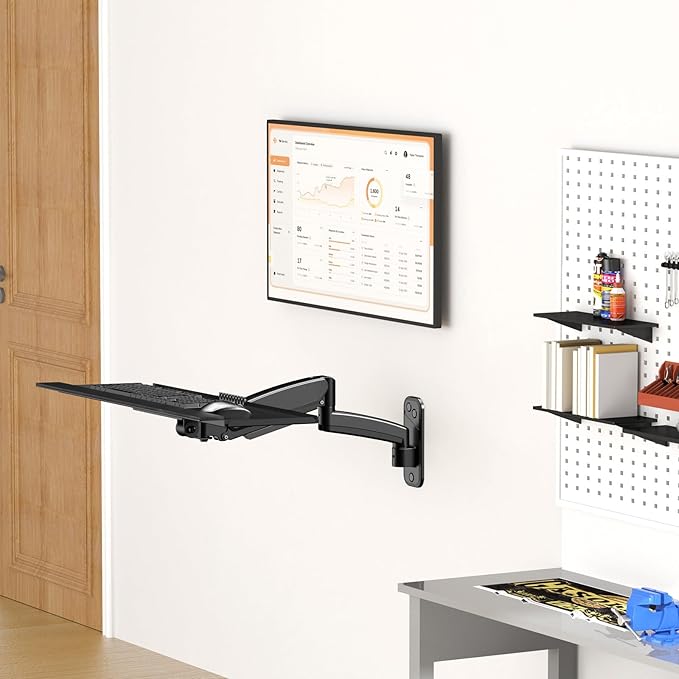 Keyboard Tray Wall Mount,Sit-Stand 26 Inch Keyboard and Mouse Stand,Height Adjustable Typing Platform,360 Degree Rotation, Holds up to 19.8 lbs, Black