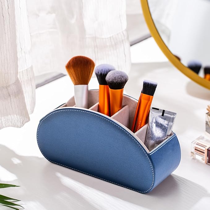 Remote Control Holders Organizer Box with 5 Compartment PU Leather Multi-functional Office Desk Storage Caddy Store Tv Remote for Media Player,Brush,Pencil,Glassees&Office Supplies (Champagne Blue)